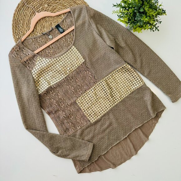 BKE womens Brown/Gold Lace Long Sleeve Blouse Size Large - Picture 9 of 9